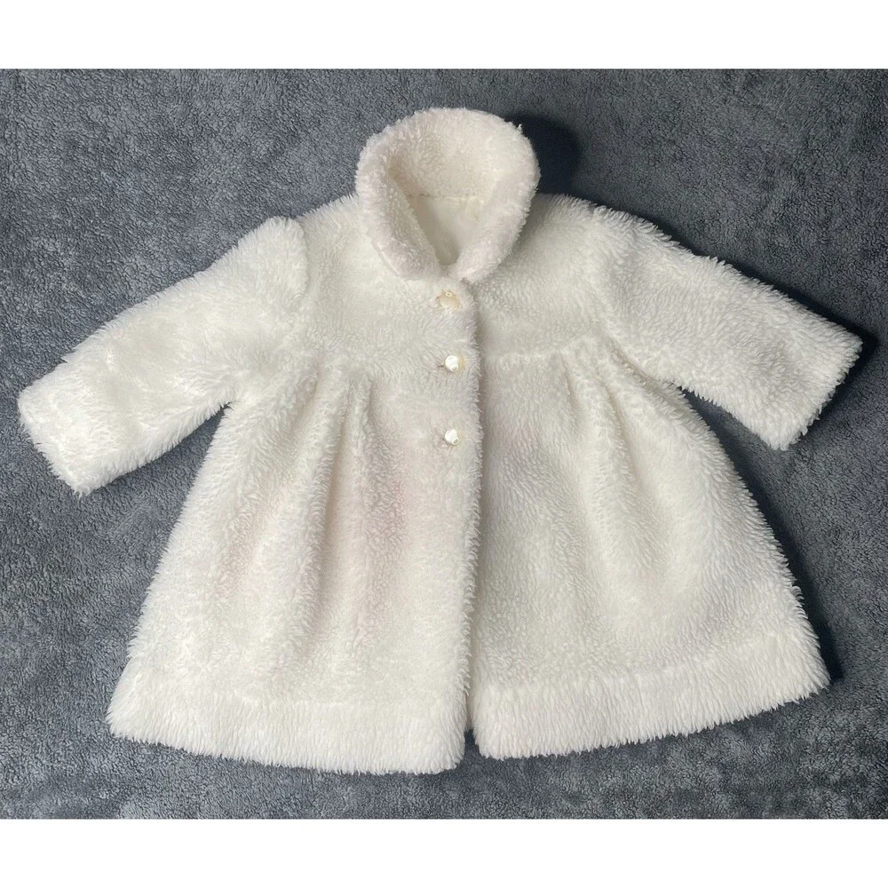 VTG 80s Millicents San Francisco White Faux Fur Girl Swing Coat Jacket 2T
